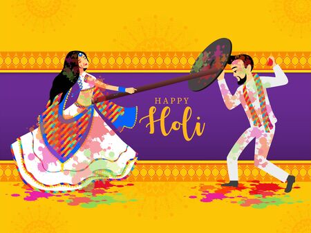 Beautiful woman hurl sticks at the man he try to save him with shield, to celebrating festival of india Lathmar Holi.のイラスト素材