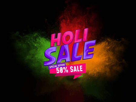Tri color dark background with holi sale text with 50% sale. Use for banner, poster, sale, advertisement, promotion.の写真素材