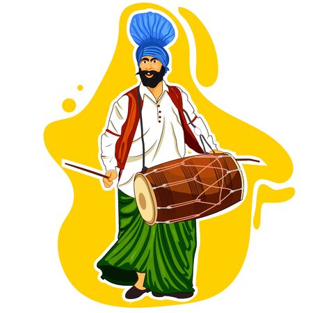 A illustration of punjabi sardarni man with dhol in dancing position.のイラスト素材