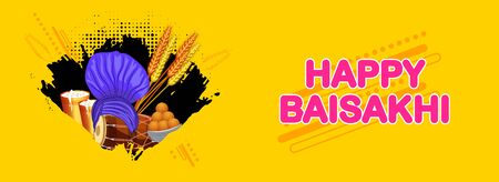 Happy Vaisakhi(Baisakhi) festival of punjab. Social media banner design, poster with abstarct background with turban, wheat, sweets, glass of lassi.のイラスト素材