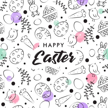 Doodle seamless pattern concept on Happy easter. Easter elements, carrot, egg hunt, etc. Abstract background.のイラスト素材