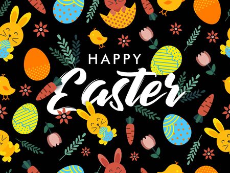 Doodle Easter eggs and rabbits, cute bunny , flower and leaf seamless pattern background design. Happy easter.のイラスト素材