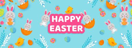 Website header, banner , landing page , social media post or poster design of happy easter paper cut...