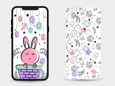 Happy Easter doodle design use for cell phone wallpaper and back cover . Egg hunt. Seamless pattern on back coveror wallpaper background.のイラスト素材