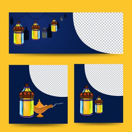 The Muslim feast of the holy month of Ramadan Kareem. Social media banner poster advertisement design with mandala background and lantern fanus.のイラスト素材