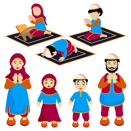 Set of Ramadan kareem or eid characters , Reading namaj , pray to allah. Islamic characters illustration.のイラスト素材