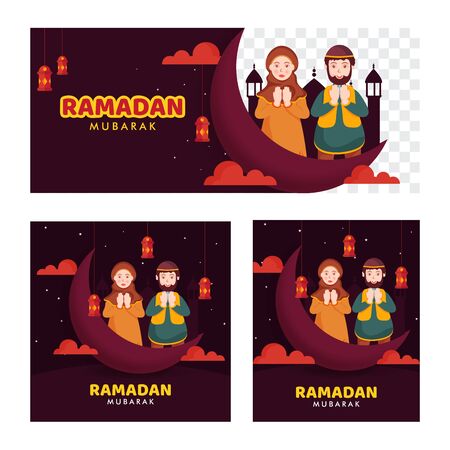 Islamic holy month of Ramadan Kareem Set of three social media post, banner header, greeting card ,wishes, etc.のイラスト素材