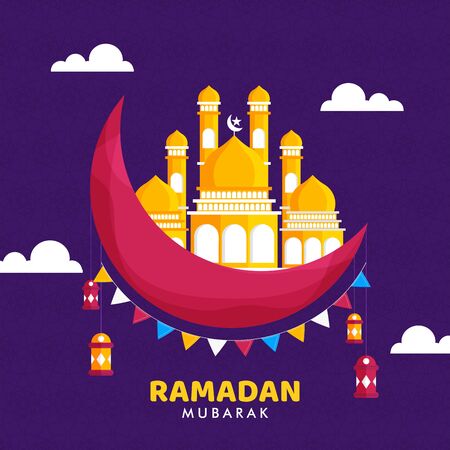 Ramadan Kareem festival of islamic muslims minimal design concept on night background or hanging lantern.のイラスト素材
