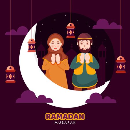 Muslim character people pray to allah, Islamic holy month of Ramadan kareem Minimal origami design concept on night background.のイラスト素材