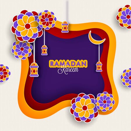 Islamic month of Ramadan Kareem Creative paper cut style design concept with ramadan elements moon, lantern and flowers.のイラスト素材