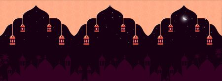 Islamic month of Ramadan Kareem Creative banner, header, social media or poster design night background.のイラスト素材