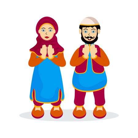 Islamic people characters. Man and woman pray to allah on the holy month of Ramadan Kareem.のイラスト素材