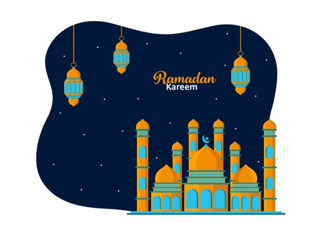 Illustration of mosque and lantern fanus. Islamic festival celebration abstract background. Holy month of Ramadan kareem also called Ramazan.のイラスト素材