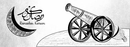 Hand Drawn sketch Ramadan Kareem design concept with cannon, moon with grung brush background. Arabic Ramadan Kareem calligraphy means Generous Ramadan.のイラスト素材