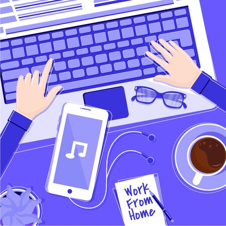Working from home illustration design concept. Stay home stay safe. Freelancer workplace, remotely working at home. Laptop, pc, eyeglasses, phone, microphone, paper sheets, coffee,plant etc. flat vector illustration.のイラスト素材