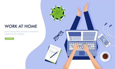 Working from home landing page illustration design concept, Freelancer workplace, remotely working at home. Stay home stay safe.のイラスト素材