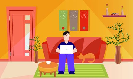 Beautiful home interior decoration, work from home concept design. A man is sitting on sofa with his laptop and his cute little cat sleeping on his side.のイラスト素材