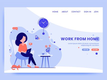 Girl sitting on a chair with laptop, working from home. Freelance or study concept. Landing page template. Vector illustration.のイラスト素材