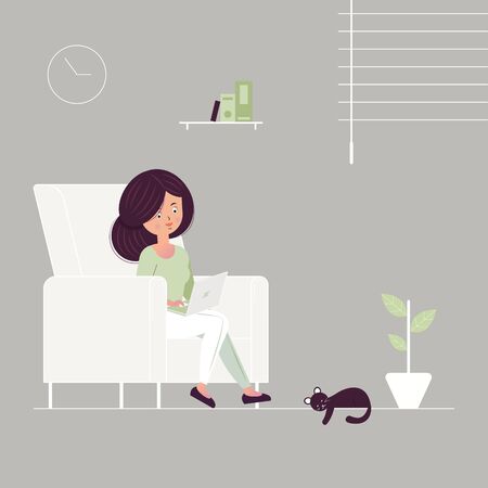 Illustration of a girl sitting on the sofa with laptop and working online at home in quarantine. Freelance or study concept.のイラスト素材