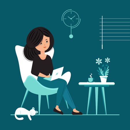 Illustration of a girl sitting on the chair with laptop, his cute little white pet cat is sleeping at home. Freelance or study concept.のイラスト素材