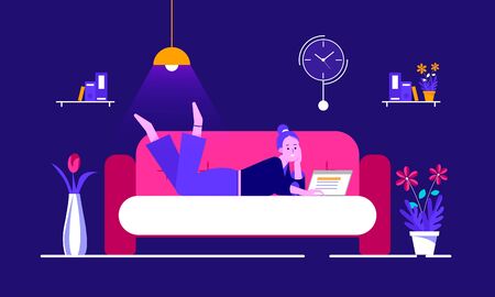 A girl is on sofa with laptop and start working or from home with comfort. Freelance or study concept.のイラスト素材