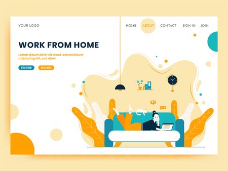 Illustration of a Girl is laying on a sofa with laptop and her pet cat is sleeping above on sofa, working from home. Freelance or study concept. Landing page template.のイラスト素材