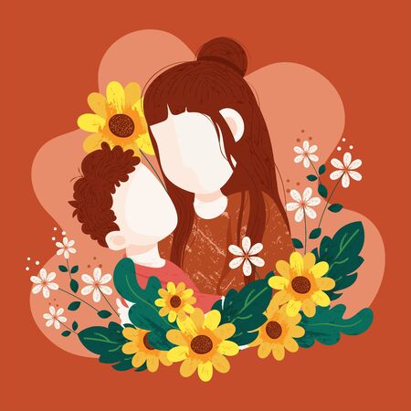 Happy mother's day concept design with illustration of mother and son hug each other. Elegant textured design with brush with beautiful background.のイラスト素材