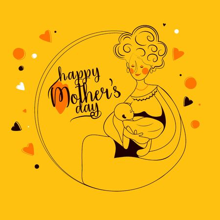 Happy Mother's Day typography design with vector, illustration of mother and baby with line art design concept. Use for badges, sale, social media banner post, greeting card, banner, advertisement.のイラスト素材