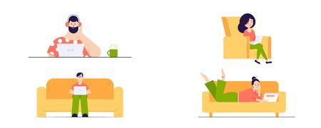 Vector flat style illustration. Working at home, coworking space, concept illustration. Young people, man and woman freelancers working on laptops with comfort at home. People at home in quarantine.のイラスト素材