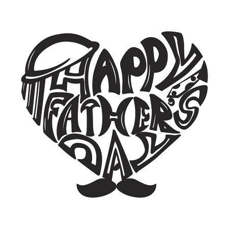 Happy Fathers Day calligraphy vector illustration. Hand lettering on heart shape with hat, tie and mustache.のイラスト素材