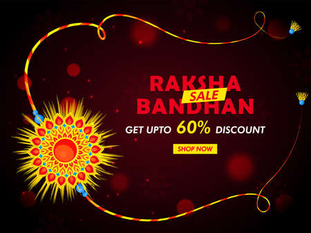Get upto 60% discount offer sale for Raksha Bandhan festival, banner design with glossy golden rakhi on red background with mandala design.のイラスト素材
