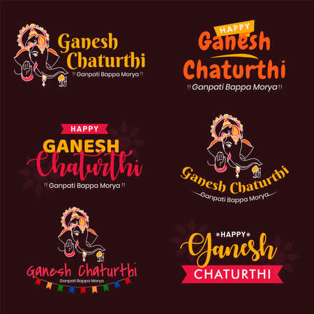 Happy Ganesh Chaturthi. creative calligraphy for indian festival ganesh chaturthi. typographic emblems, logo or badges. Usable for greeting cards, banners, print, t-shirts, posters and banners.のイラスト素材