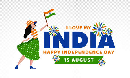 Web header, banner or badge design with text 15th August on PNG Background with Girl holding india flag with beautiful colorful dress.のイラスト素材