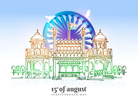 sketching illustration of independence day in India celebration on August 15 on famous monuments red fort.のイラスト素材