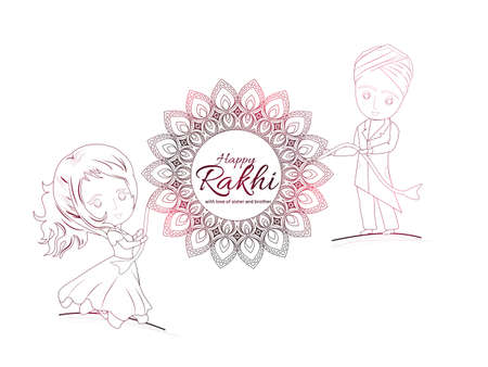 illustration of greeting card with decorative Rakhi for Raksha Bandhan. Rakhi Sale and Discount social media banner design. Hand drawn black and white illustration of brother and sister hold rakhi.の写真素材