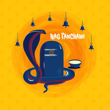 Nag Panchami Poster, Vector illustration on om pattern abstract background with temple bells.のイラスト素材