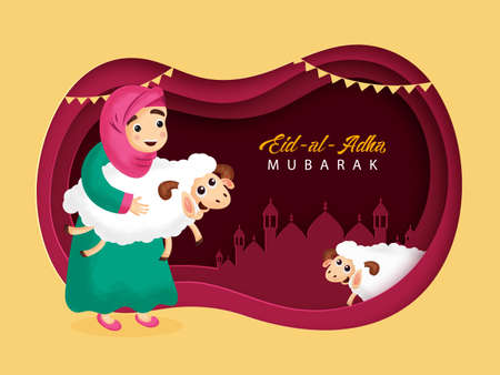 Digital vector illustration on paper cut background. islamic festival of sacrific. graphic design decoration kurban bayrami. month lamb and a lamp.Translation from Arabic: Eid al-Adhaのイラスト素材