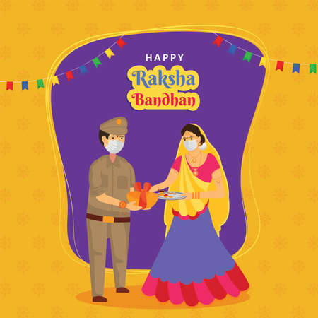 Happy Raksha Bandhan indian festival of brother and sister bond celebration. Creative minimal decorated background design with covid 19 concept.のイラスト素材