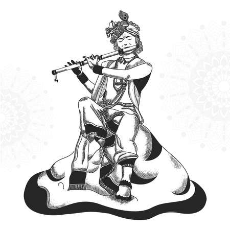 Creative hand drawn sketch illustration of Lord Krishna, indian festival celebration birthday of lord krishna. Happy janmashtami.のイラスト素材