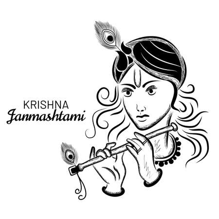 Hand drawn Vector illustration portrait sketch of lord krishna. Happy Janmashtami.のイラスト素材