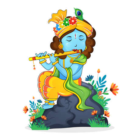 Illustration of happy janmashtami birthday of lord krishna, festival of india. Lord krishna playing bansuri in a garden on white background.のイラスト素材