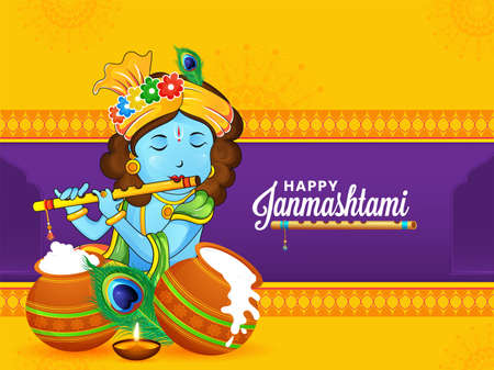 Illustration of Happy janmashtami celebration festival of india, Lord krishna playing bansuri.のイラスト素材