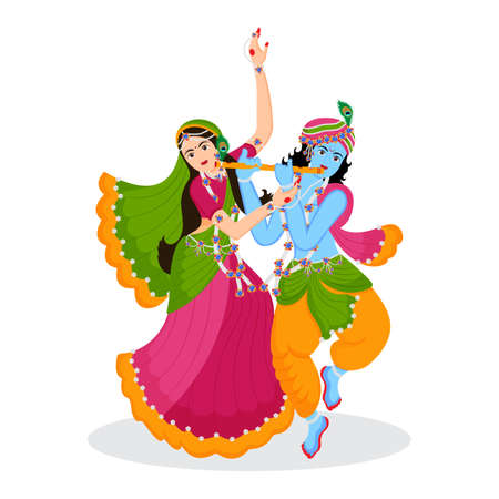 Illustration of Radha krishna dancing (rasleela) with each other. Happy janmashtami and holi celebration. God of love and peace.のイラスト素材