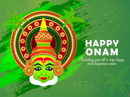 Illustration of colorful Kathakali dancer face mask on green traditional background for celebration harvest festival of south india kerala, Happy Onam.のイラスト素材