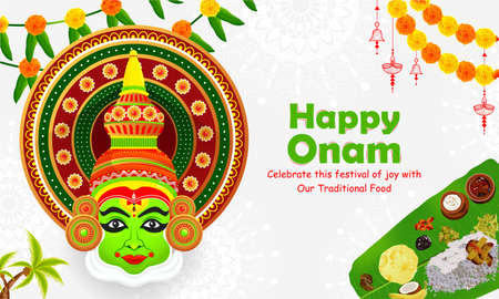 Happy Onam traditional white decorated background with kathakali dancer face, traditional food (sadya) served on banana leaf for south indian harvest festival.のイラスト素材