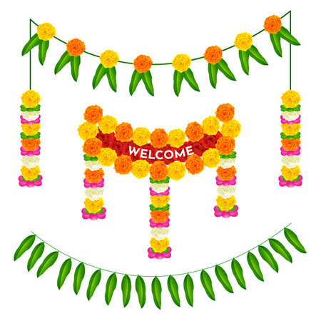 Illustration of beautiful Toran hanging, flower arrangement for indian wedding or traditional festival decoration.のイラスト素材