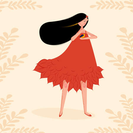 Beautiful Illustration of cute autumn girl she care a small little bird design for autumn season.のイラスト素材