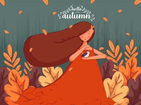 Minimalistic Illustration of cute autumn girl and Falling Autumn season leaves.のイラスト素材