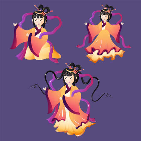 Beautiful Illustration of set of three cute chibi characters goddess of moon or moon princess happy faces. Happy mid autumn festival.のイラスト素材