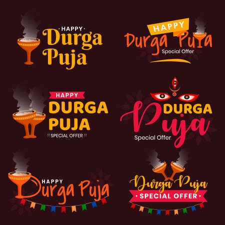 Happy Durga Puja. Indian festival celebration Vector typography set for banner, design etc .のイラスト素材